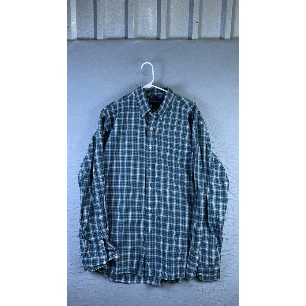 Ralph Lauren Button Down Men XXL Green Plaid Excellent Custom Fit Cotton Shirt